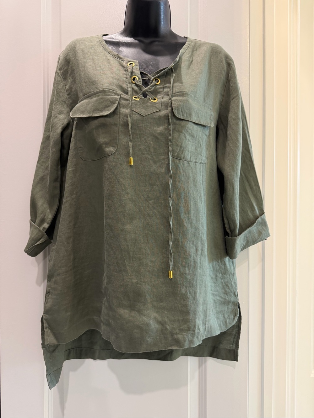 Company Ellen Tracy 100% Linen Lace Up Tunic Top Olive Green Caper M